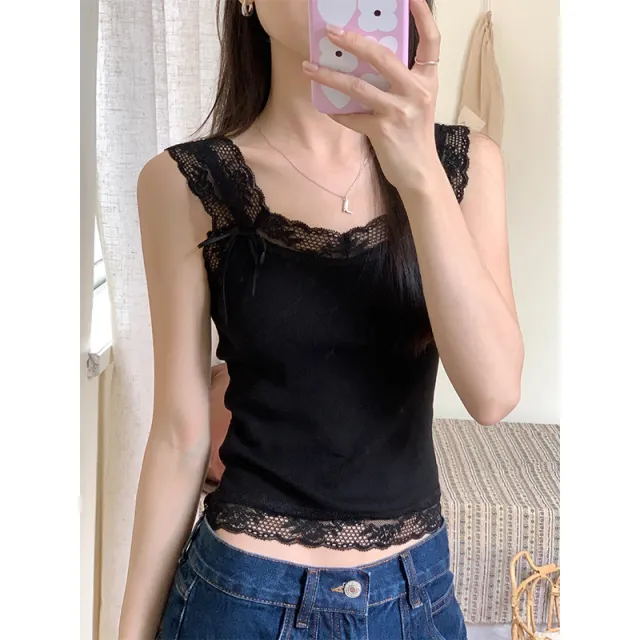 Sweet And Spicy Lace Stitching Floral Slim fitting Suspenders Vest Black - Shop at LoveMi