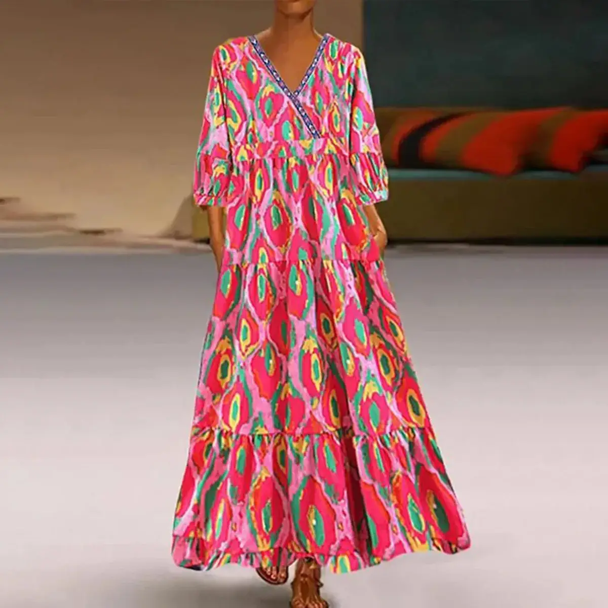 New V-neck Retro Artistic Women's Long Dress