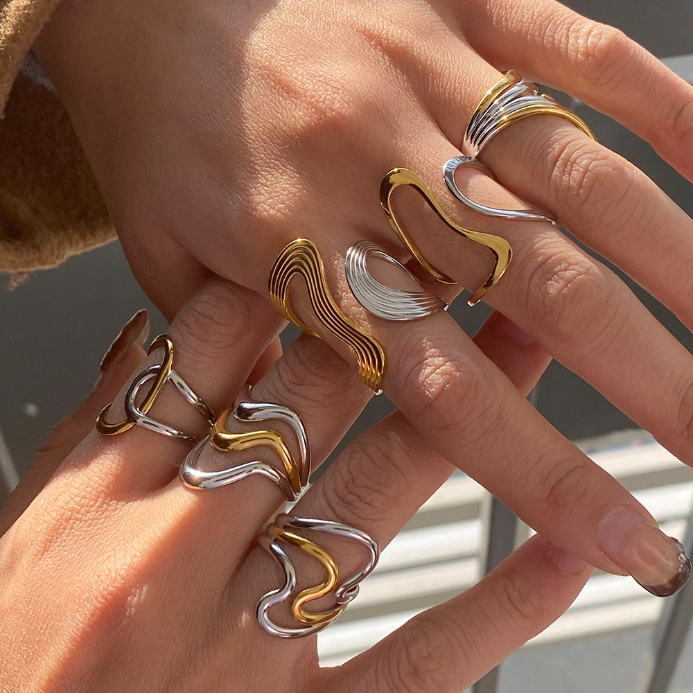 Serpentine Irregular Curve Geometric Non-fading Open Ring