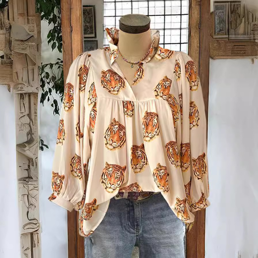 Loose-fitting Womens V-neck Top With Puffed Sleeves