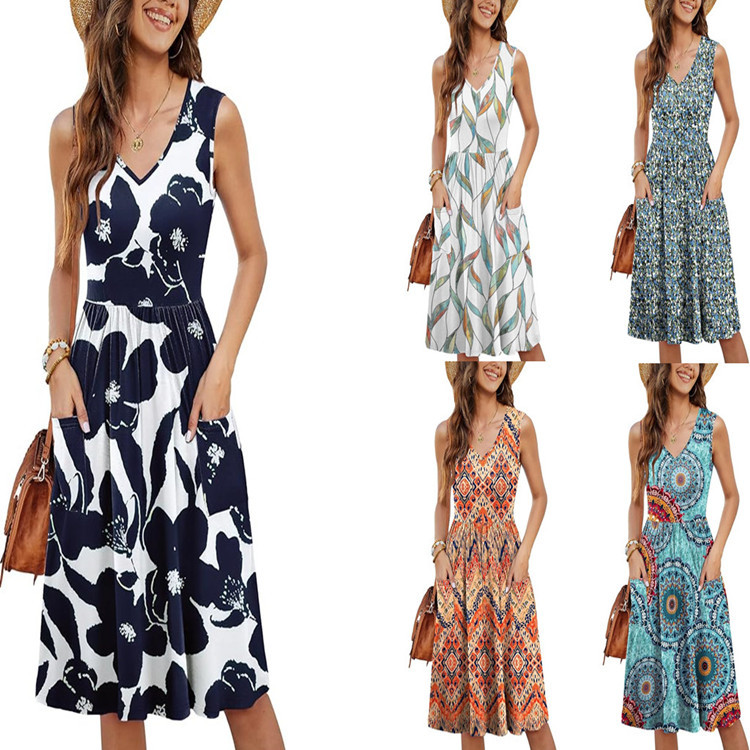 Casual Womens Holiday Floral V-Neck Pocket Dress