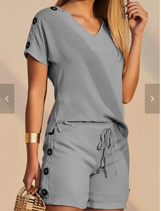 New V neck Solid Color Casual Shorts Two piece Suit Sleeping Gray - Shop at LoveMi