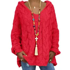 Solid Colour Twist Knitted Hoodie Sweater For Women - Red - View 1