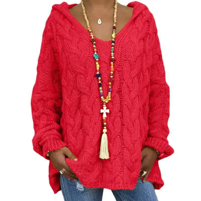 Solid Color Twist Knitted Hoodie Sweater For Women Red - Shop at LoveMi