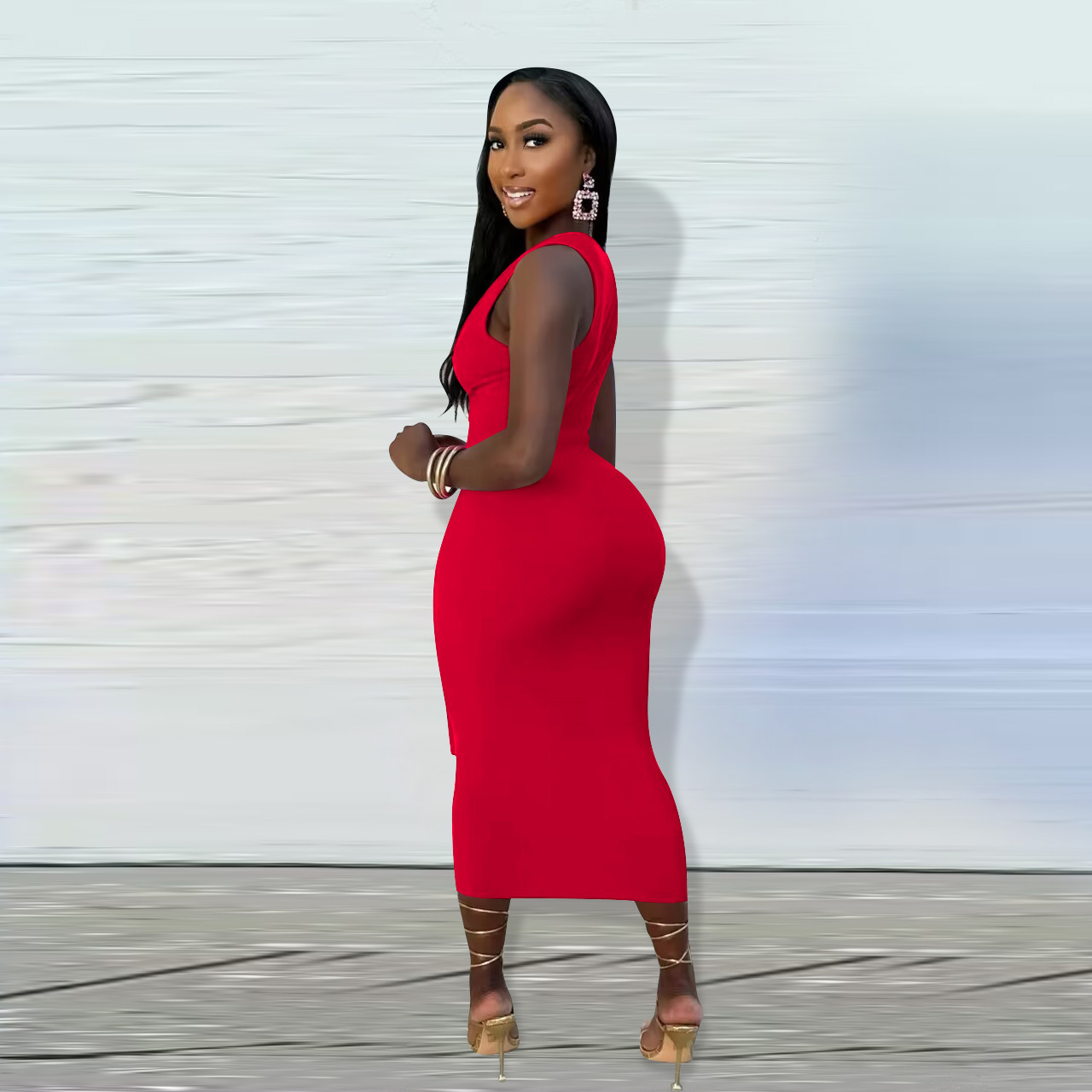 Fashionable V-neck Solid-color Long Dress 83775d00 2753 4697 A406 E1f98a9020c0