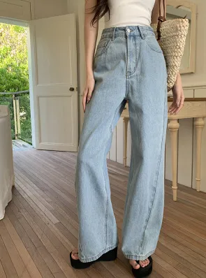 Women's Loose High Waist Retro Cropped Patchwork Wide leg Jeans Light Blue - Shop at LoveMi