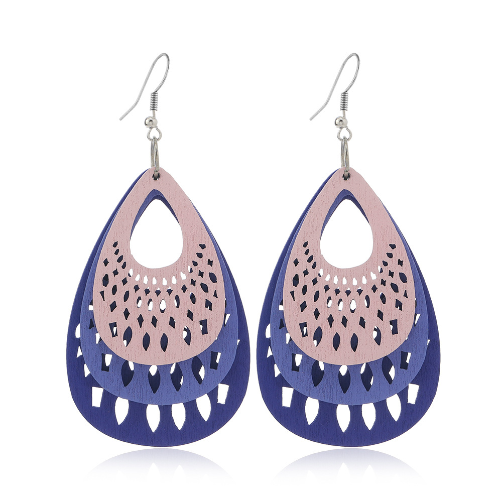 Geometric Hollow-out Wooden Earrings Retro Ethnic Style Drop-shaped