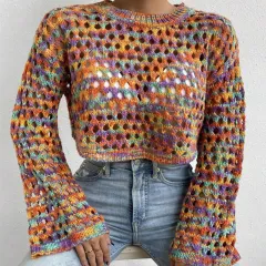 Retro Short Women's Colourful Woven Top Sweater - Colour - View 1