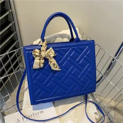 High-grade Solid Colour One-shoulder Plaid Embroidery Thread Women's Tote - Blue - View 1
