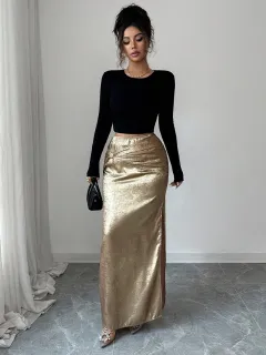 Women's Metal-Embellished Pleated Bodycon Skirt With Slit Slimming Design - Gold - View 1