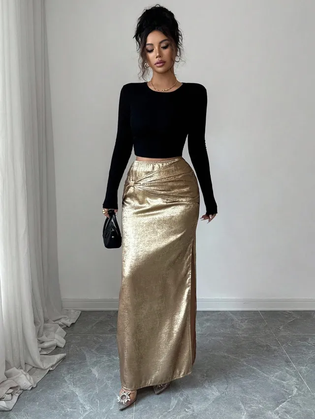 Women's Metal Embellished Pleated Bodycon Skirt With Slit Slimming Design Gold - Shop at LoveMi