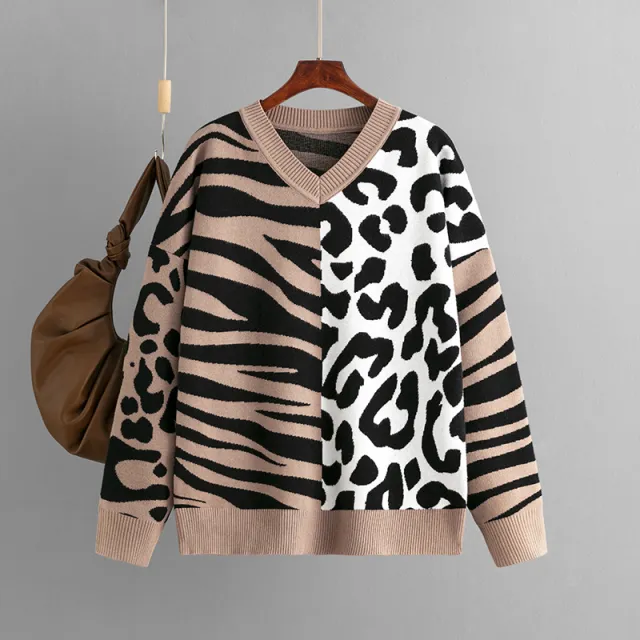 Leopard Splicing Mixed Sweater Pullover Khaki - Shop at LoveMi