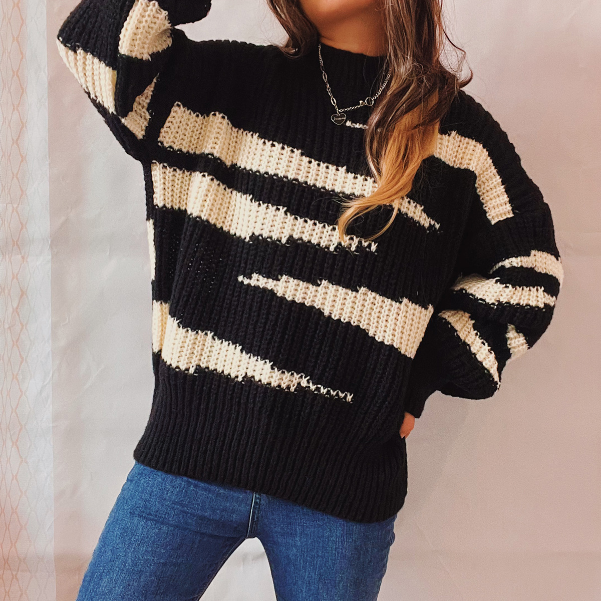 Title 13, Round Neck Long Sleeve Irregular Stripe Contras...