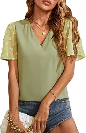 Women's Chiffon Shirt Fur Ball Short Sleeve Shirt Yellow Green - Shop at LoveMi
