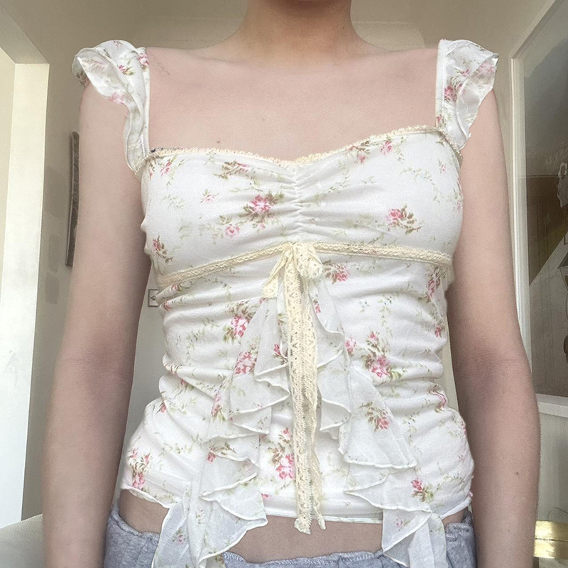 Lace Lace-up Slimming Girl Blouse Short