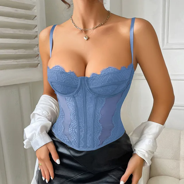 Women Tanks Lace Spaghetti Strap Top Summer Sleeveless Tops Open Back Bone Corset Bustier Sexy Slim Lingerie Bodyshaper Camisole Blue - Shop at LoveMi