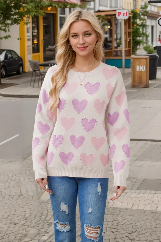 Valentine's Day Round Neck Handmade Beaded Heart Peach Sweater Apricot - Shop at LoveMi
