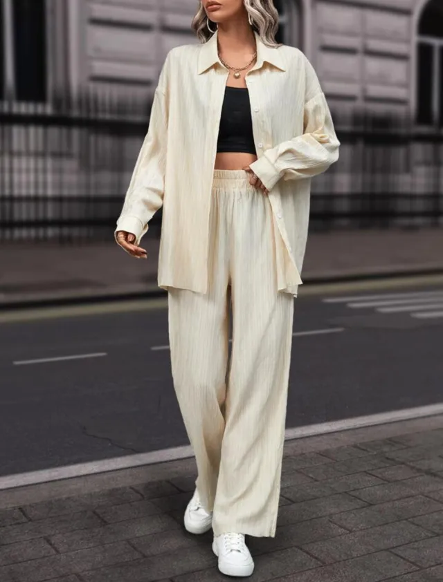 European And American Women's Clothing Solid Color Loose Drooping Smooth Pleated Casual Two piece Suit Apricot - Shop at LoveMi