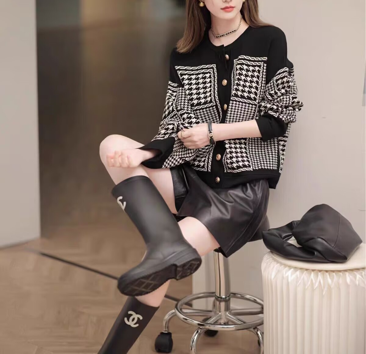 Title 3, Plus Size Retro Houndstooth Knitwear For Women