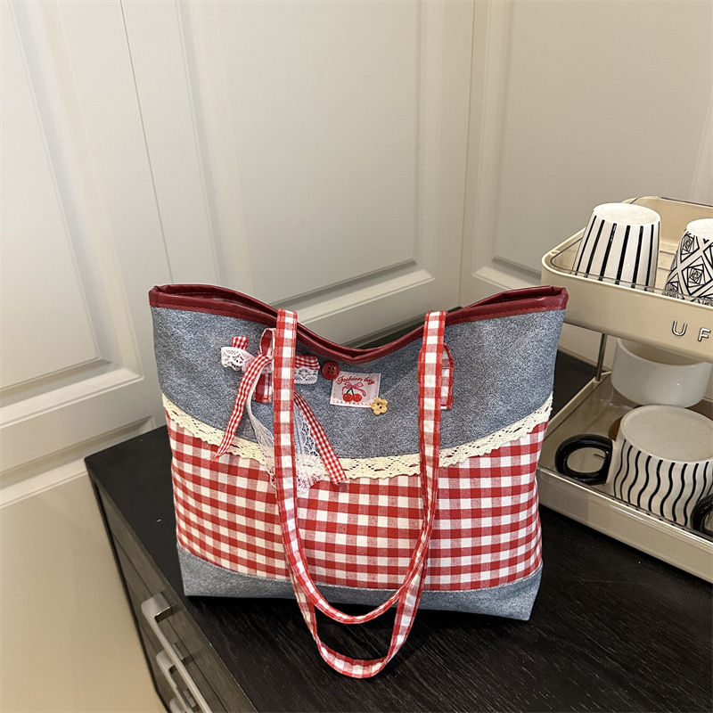 Korean-style Lace-trimmed Color-Block Plaid Tote Bag