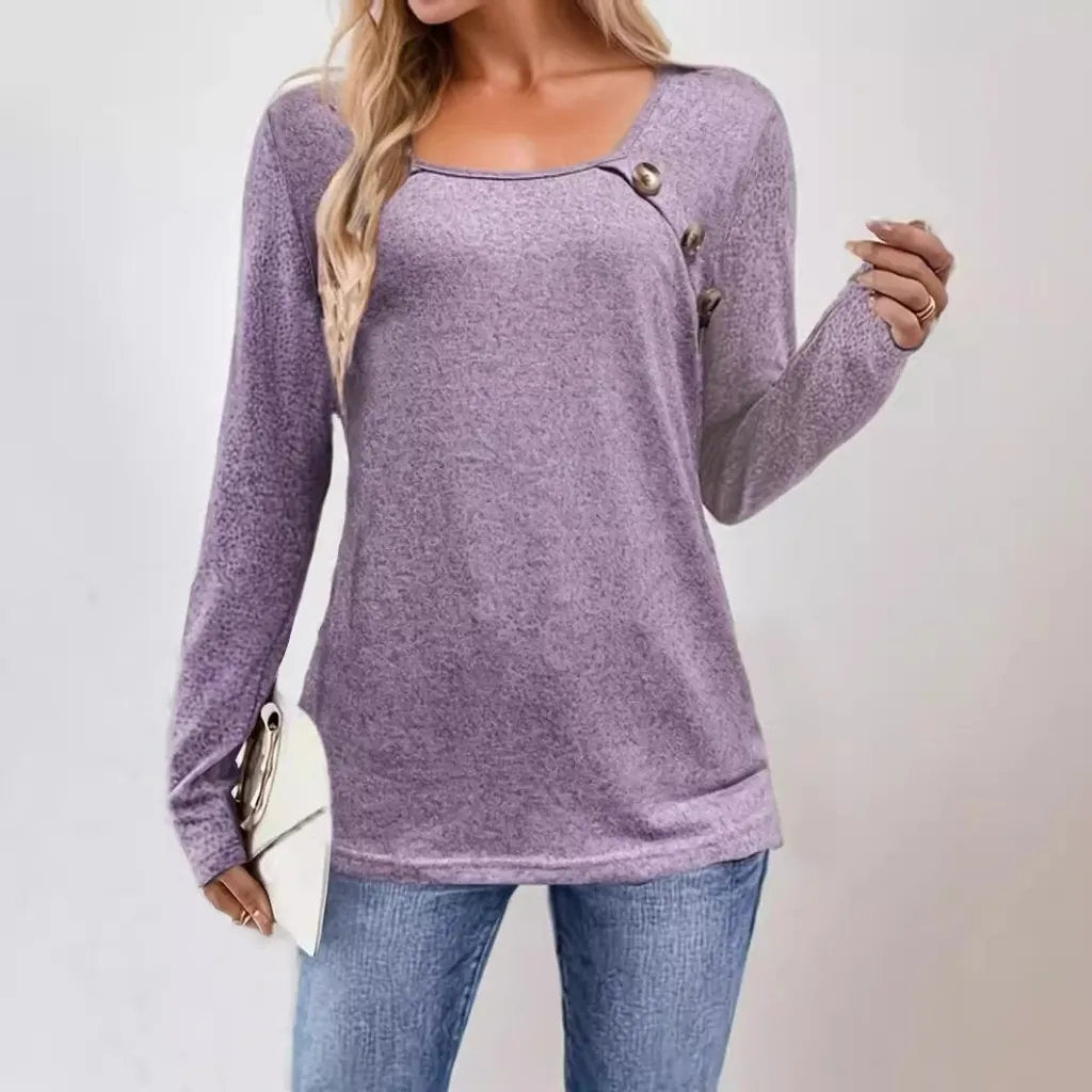 Collar Button Casual Sweater Long Sleeve T-shirt - Purple