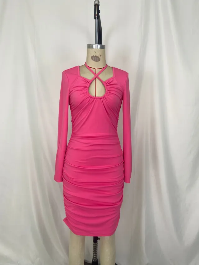 Sexy V neck Tied Long Sleeves Split Dress Rose Red - Shop at LoveMi