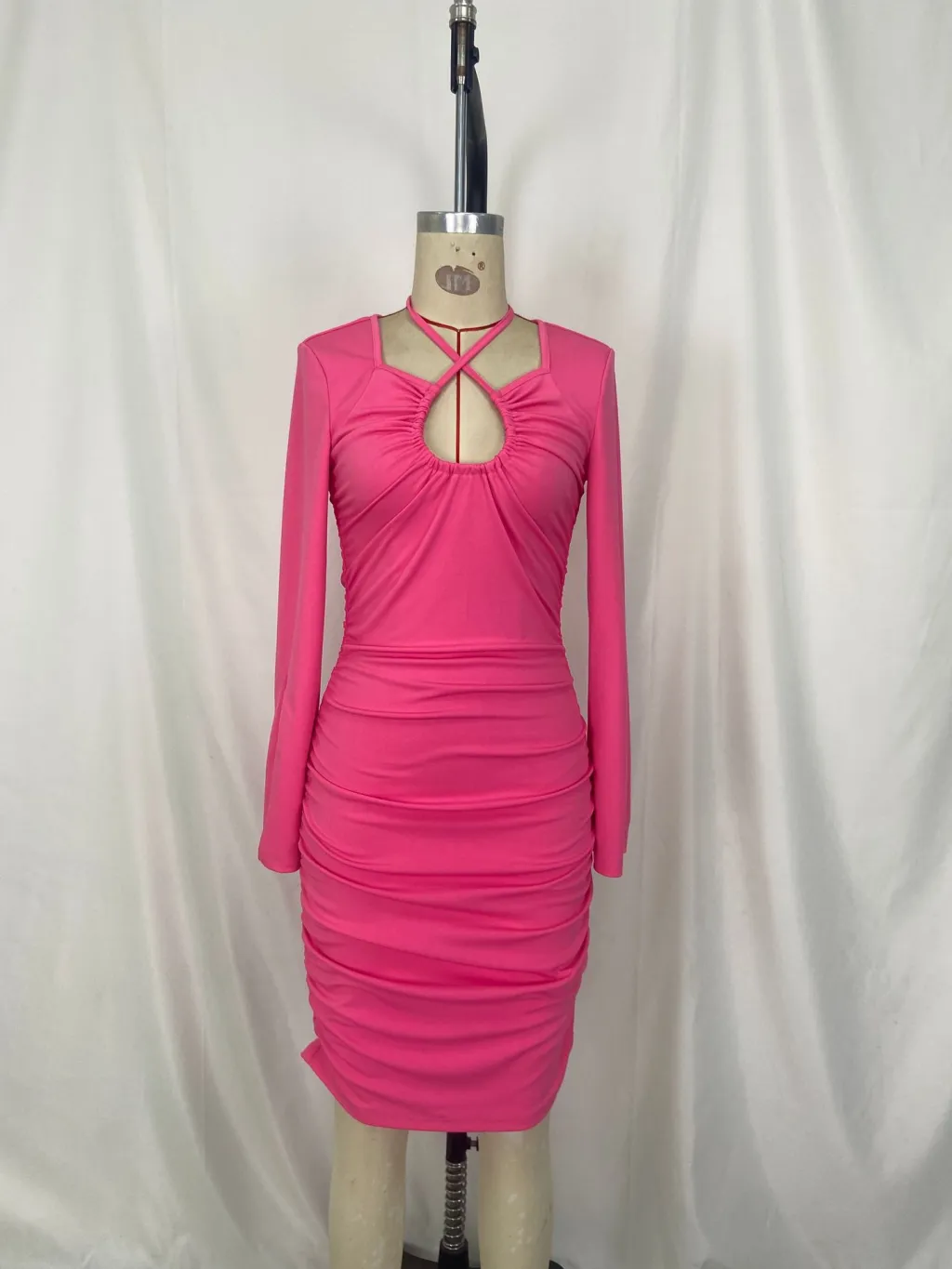 Sexy V-neck Tied Long Sleeves Split Dress - Rose Red