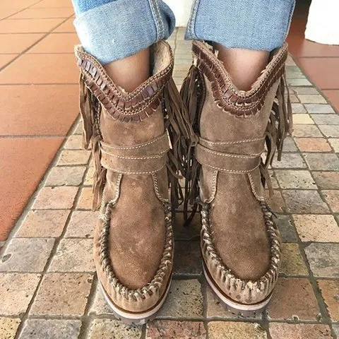 Solid Color Leather Tassel Women's Ankle Boots Brown - Shop at LoveMi
