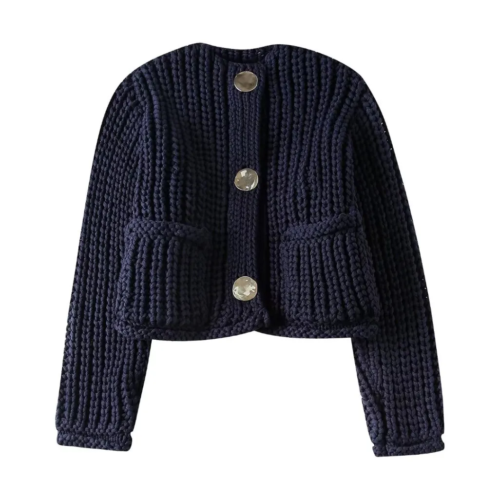 Solid Color Single-breasted Sweater Coat Top - Blue