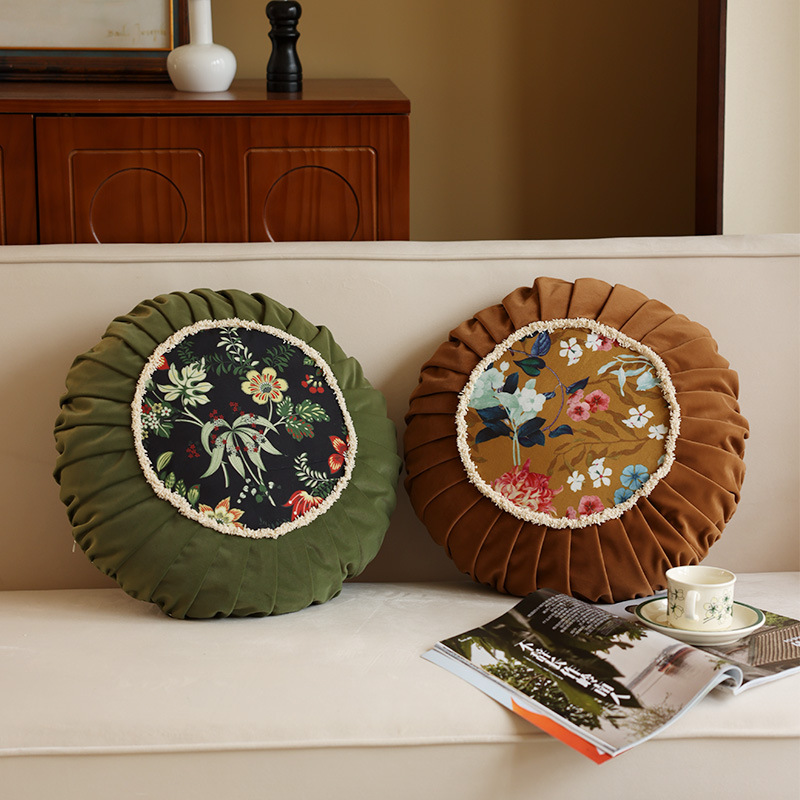 Vintage Floral Pattern Round Cushion Sophisticated New Chinese-Style Living Room Decor