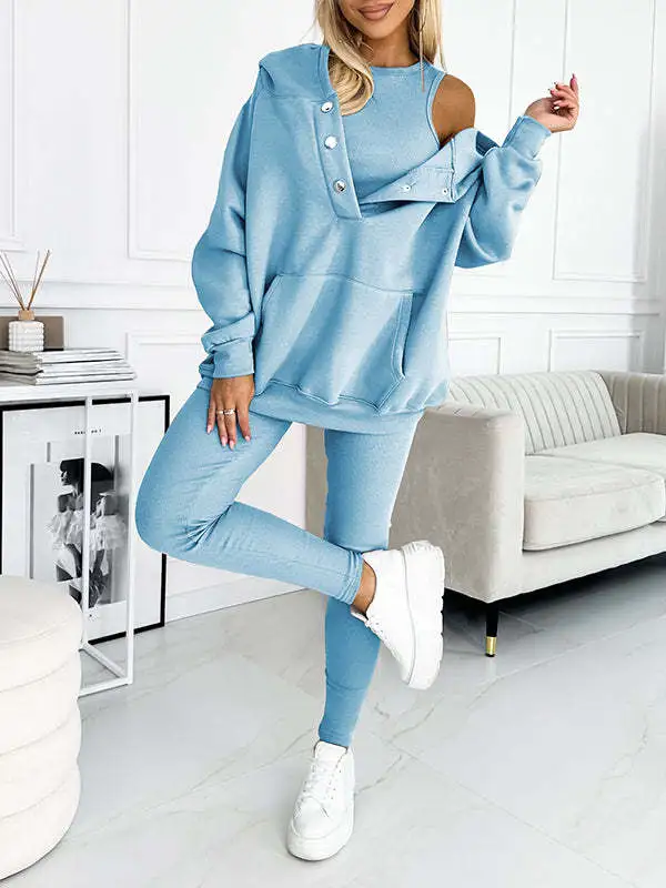 Casual Hooded Sweater Thickened Thread Fitted Vest Pants Three piece Set Three Piece Set Blue - Shop at LoveMi