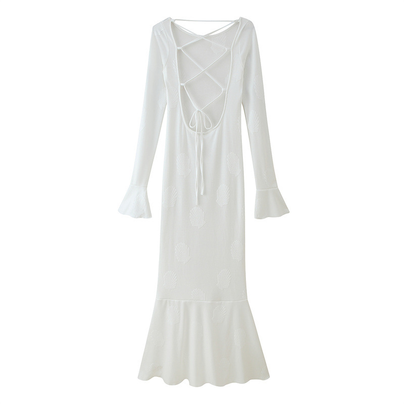 Solid Color Round-neck Flared Sleeves Backless Lace Up Long Sleeve Dress