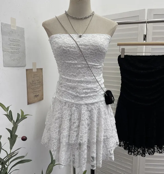 Vintage Lace Patchwork Waist slimming Tube Top Dress White - Shop at LoveMi