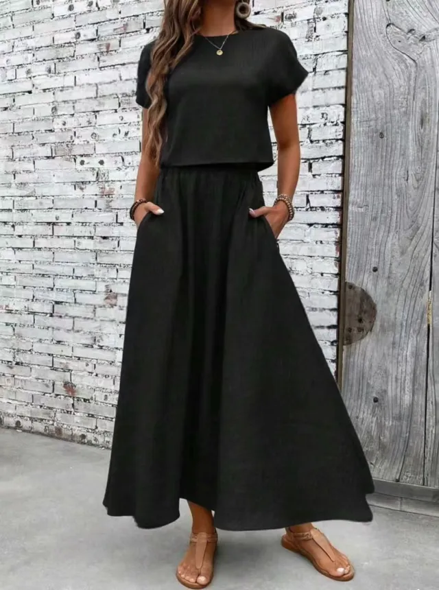 Set Women's Solid Color Short Sleeve Top And Casual A Line Dress Suit Black - Shop at LoveMi