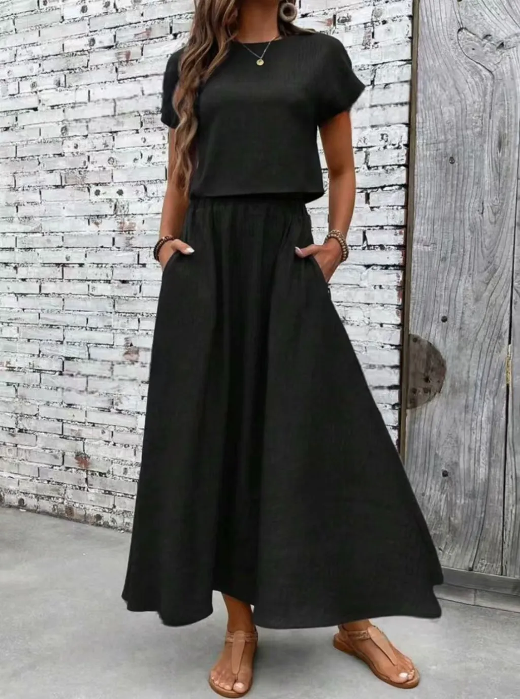 Set Women's Solid Color Short Sleeve Top And Casual A- Line Dress Suit - Black