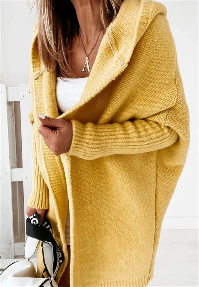 Knitwear Hat Collar Temperament Commute Bat Sleeved Soft Loose Back Stitching Sweater Yellow - Shop at LoveMi
