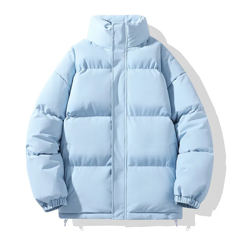 Solid Color Down Coat Couple Stand-up Collar Cotton-padded Coat - Light Blue