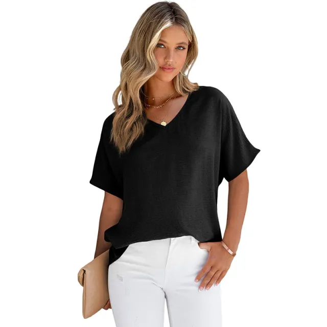 Leisure All matching Solid Color T shirt Loose Pullover V neck Short sleeved Top Lc25121479 Black - Shop at LoveMi