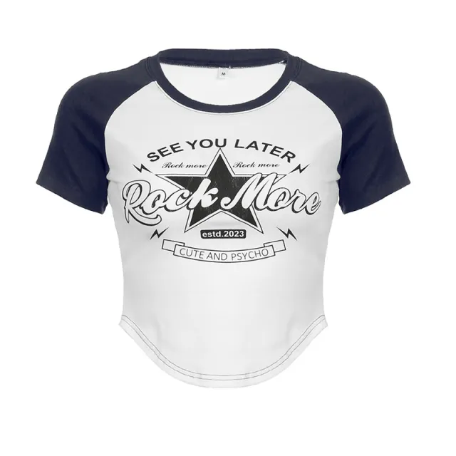 American style XINGX Printed Contrast Color Raglan Short Sleeve Black - Shop at LoveMi