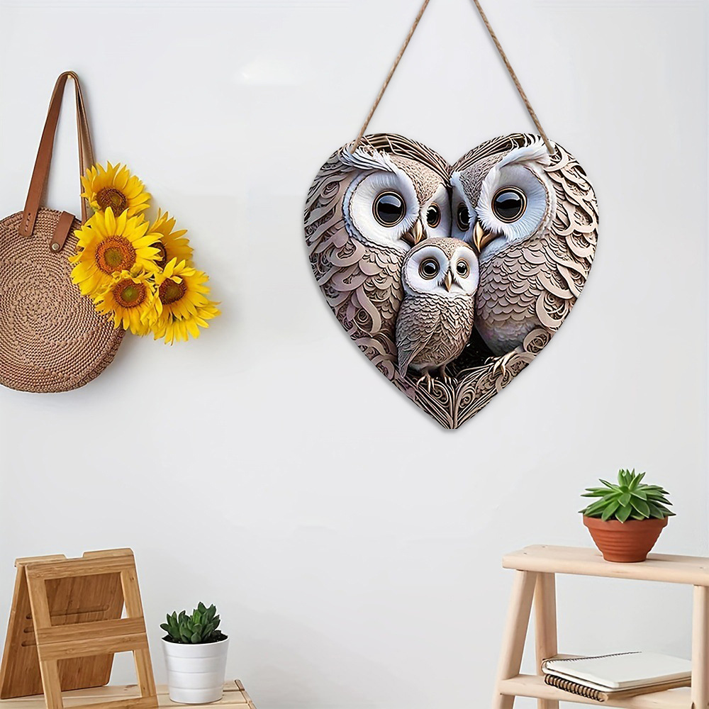 Retro Style Wooden Doorplate With Three Heart Shaped Owls As A Hanging Decoration