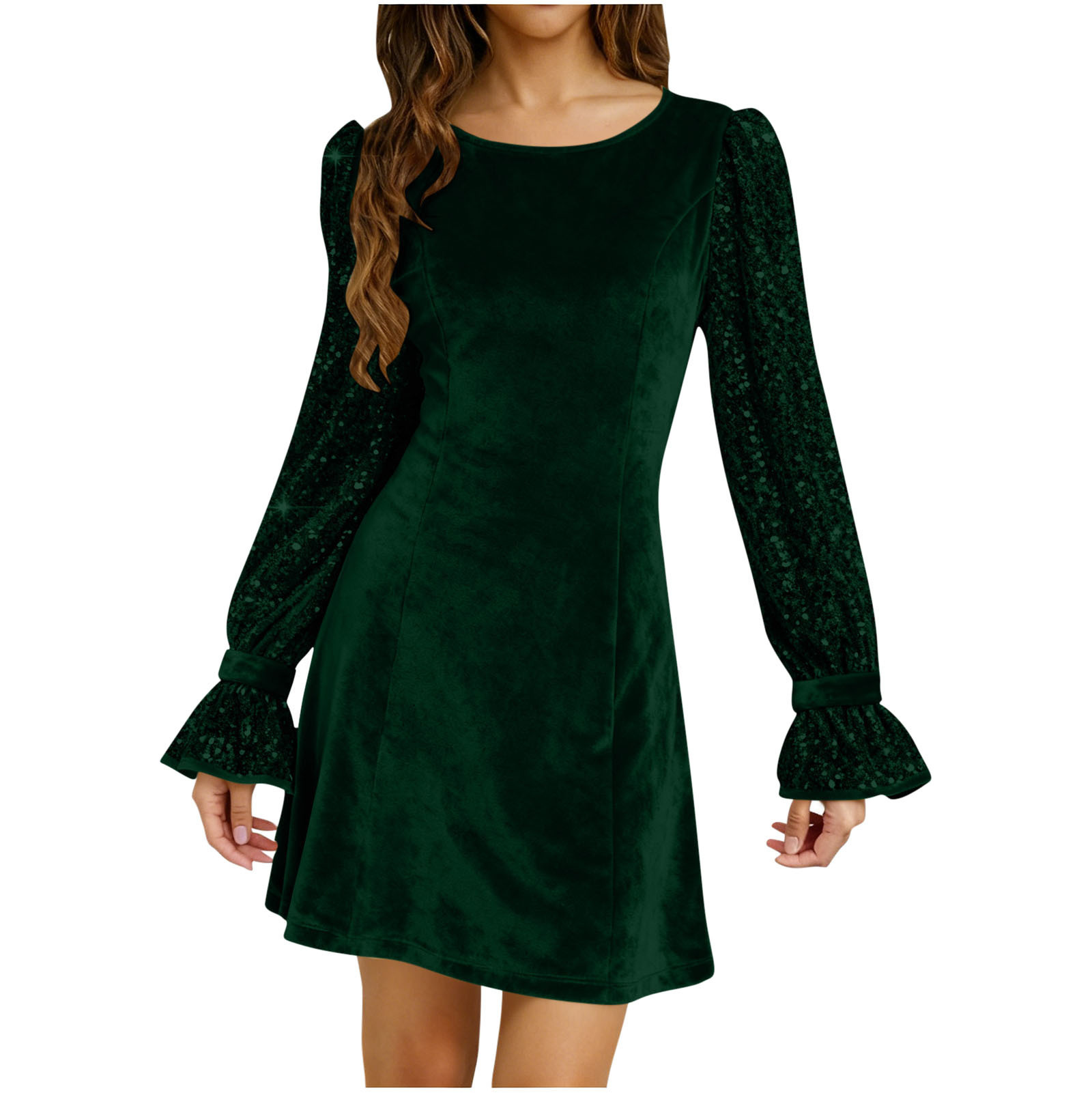 Solid Color Crew Neck Gold Velvet Sequin Long Sleeve Dress Green - Shop at LoveMi