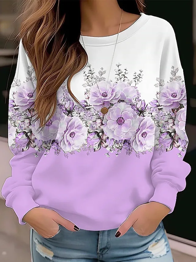 Pullover Sweater Floral Flower Round Neck Sweater Long Sleeve 5Color - Shop at LoveMi