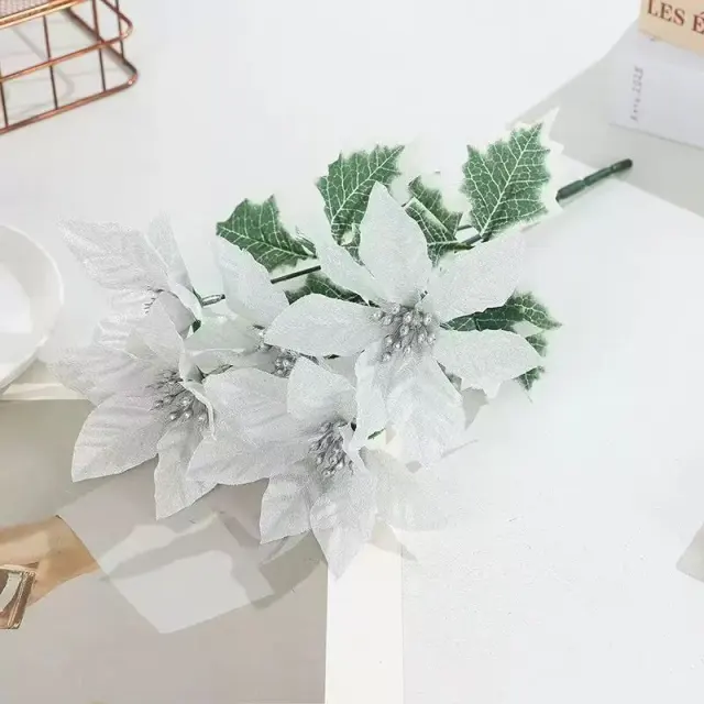 Five fork Poinsettia Christmas Living Room Decorative Fake Flower Silver - Shop at LoveMi