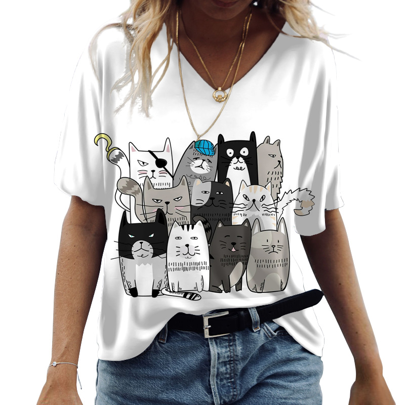 Spring And Summer Women's Casual Short sleeved V neck Cat 3D Printed Top Nt302694 - Shop at LoveMi