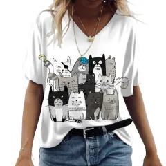 Spring And Summer Women's Casual Short-sleeved V-neck Cat 3D Printed Top - Nt302694 - View 1