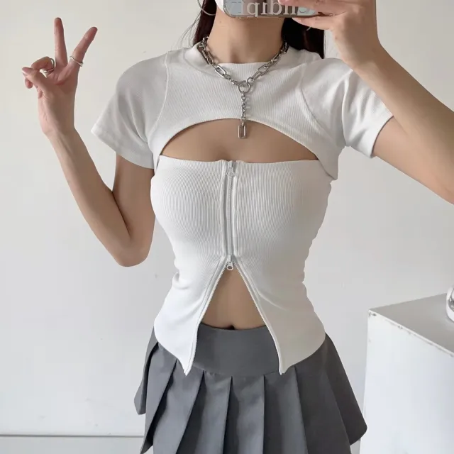 Women's Slim fit Zipper Tube Top Short Sleeve Small Waistcoat Top White - Shop at LoveMi
