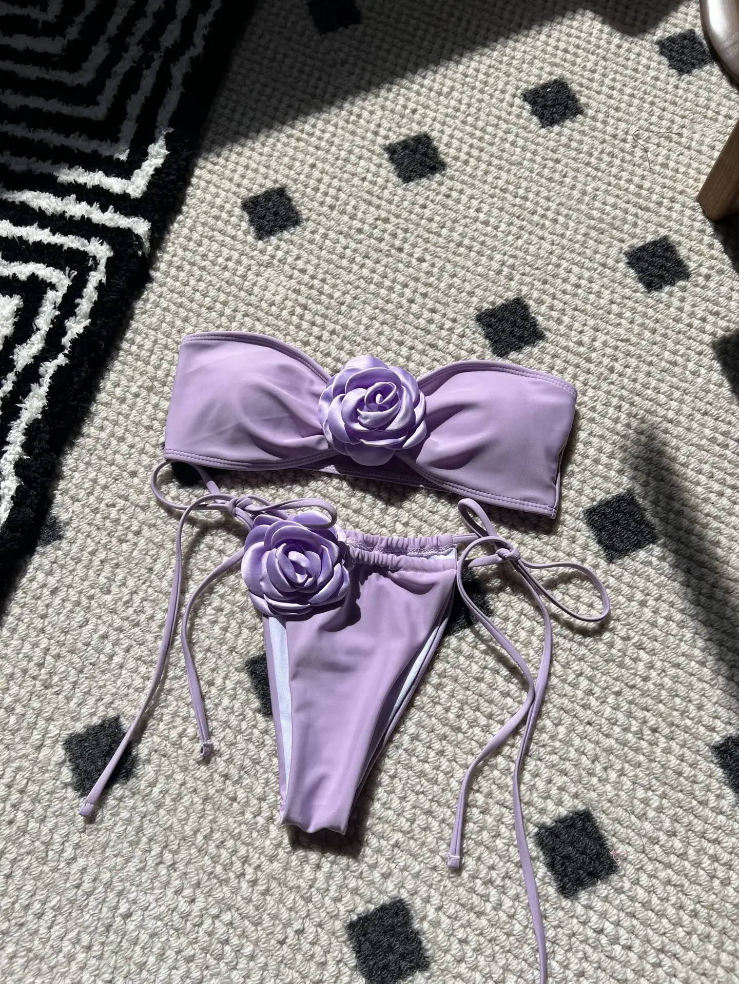 New Solid Color Rose Tube Top Drawstring Strap Split Swimsuit