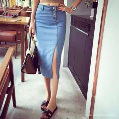High Waist Denim One Step Breasted Hip Skirt - Light Blue - View 1