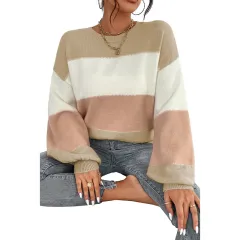 Color-block Crew Neck Sweater Casual Loose Shoulder Lantern Sleeve Pullover Women - Lc2725968 Color - View 1