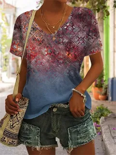 Women's Geometric Pattern Printed Short-sleeved V-neck Casual T-shirt - Syct03 - View 1